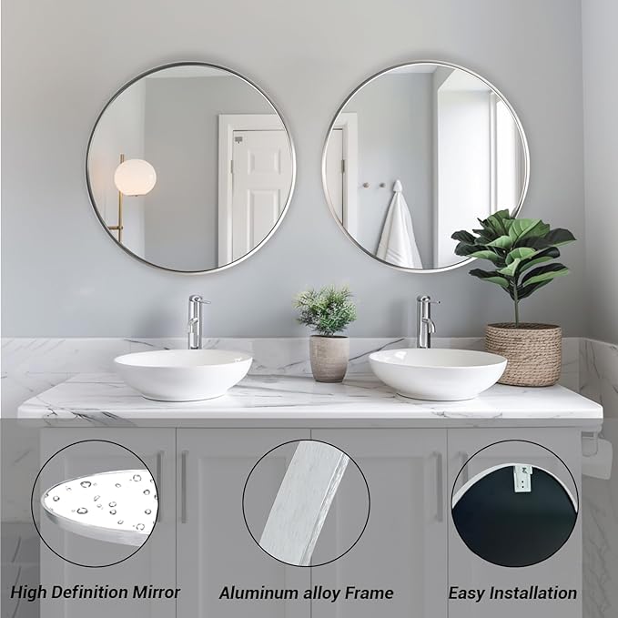 Circle Mirror 26 inch, Chrome Wall Mirror, Brushed Metal Frame | High Definition Mirror, Easy installation, Rust-resistant, Suitable for Bedroom, Entryway, Living Room, Hallway, Wall Décor