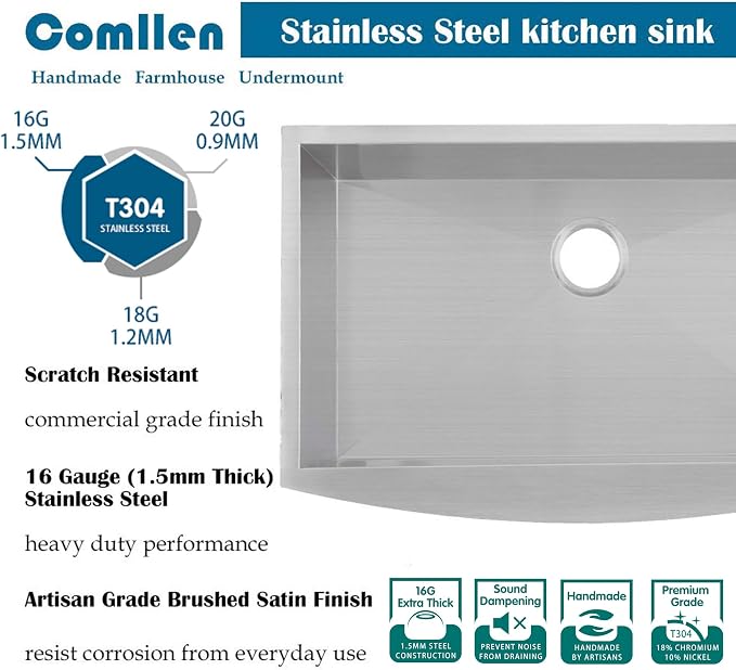 Comllen 33 Inch Farmhouse Sink, Stainless Steel Single Bowl Farm Sinks 16 Gauge 9 Inch Deep, Handmade Undermount 33 Farm Apron Front Kitchen Sink