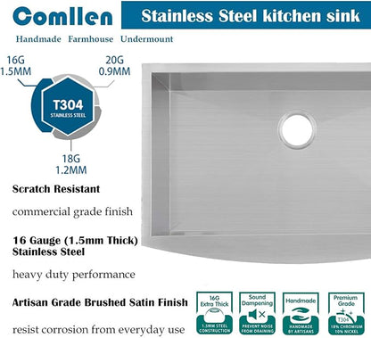 Comllen 33 Inch Farmhouse Sink, Stainless Steel Single Bowl Farm Sinks 16 Gauge 9 Inch Deep, Handmade Undermount 33 Farm Apron Front Kitchen Sink