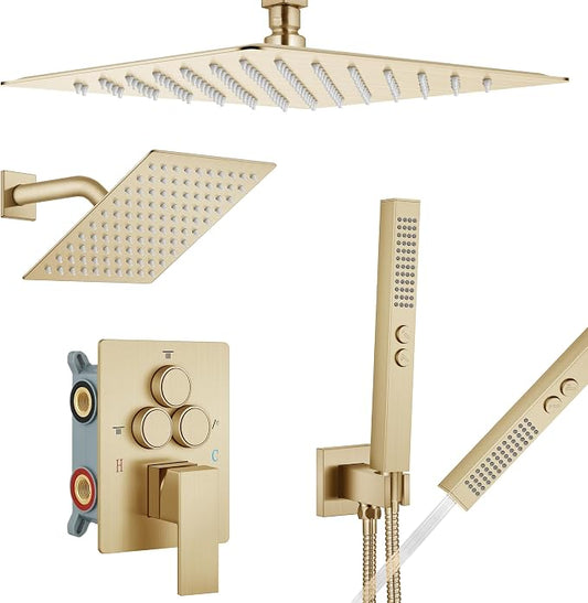 Aolemi Ceiling Shower Faucet Set System Dual Head 10&6 Inch Brushed Gold | 2 in 1 Handheld Spray,Shower Valve and Trim Kit,Push Button Diverter, 10"Top+6" Wall Rain Head,Bathroom Mixer for Couple