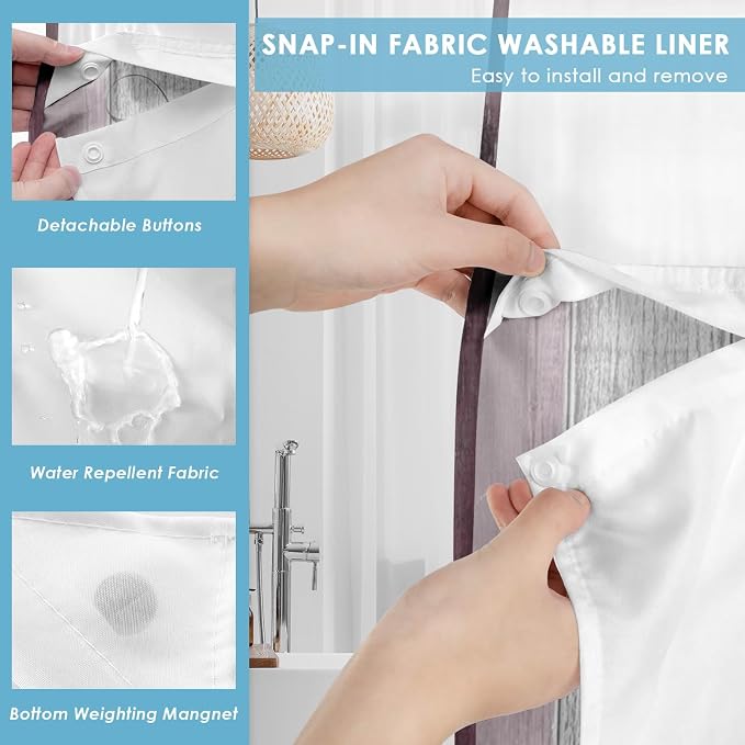 No Hook Shower Curtain with Snap in Liner 71x86 Inch Pink Daisy | Farmhouse Flower Rustic Modern Double Layers Waterproof Fabric with See Through Top Window Open Grommet Bath Curtain