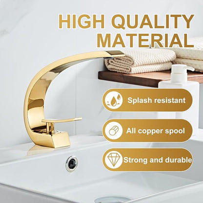 Shiny Polished Gold Bathroom Sink Faucet, Unique Design and Pop Up Drain