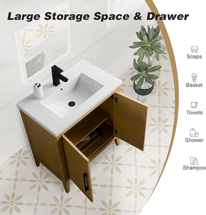 HomeBeyond 30 Inch Bathroom Vanity with Sink & Ceramic Top, Single Vanity Cabinet with Basin, Soft-Closing Doors & Matte Black Hardware, Natural Oak
