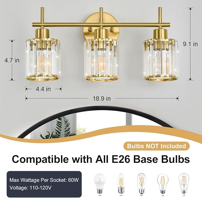 Brushed Gold Bathroom Light Fixtures, Round, 3-Light | Vanity Lights with Crystal Shades, Modern Bathroom Lighting Fixtures over Mirror (Bulbs Not Included, E26)