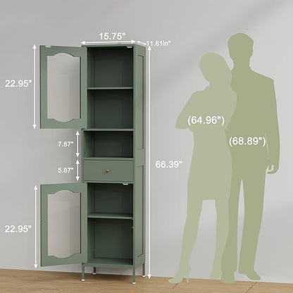 66.4" Tall Bathroom Storage Cabinet with Adjustable Shelves and Glass Doors, Anti-Tipping Narrow Cabinet, Linen Cabinet for Bathroom, Kitchen, Living Room, Olive Green