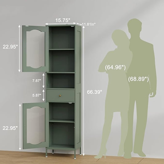66.4" Tall Bathroom Storage Cabinet with Adjustable Shelves and Glass Doors, Anti-Tipping Narrow Cabinet, Linen Cabinet for Bathroom, Kitchen, Living Room, Olive Green