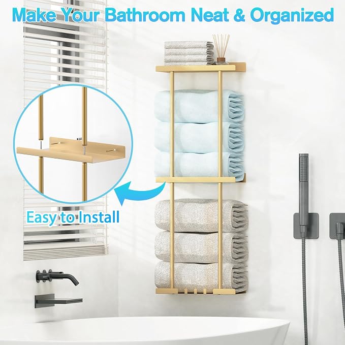 Liuoud Towel Rack for Bathroom, Wall Mounted Vertical Rolled Towel Storage Organizer Holder with Shelf, Holds Up 6 Large Bath Sheets, Gold Large Size