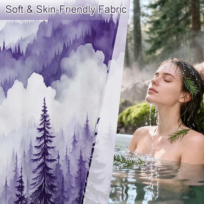 Litabel Purple Misty Pine Forest Shower Curtain, Mountain Foggy Woodland Scenery Tree Shower Curtains for Chic Rustic Bathroom, Abstract Modern Waterproof Nature-Themed Decor, 72x72 Inches