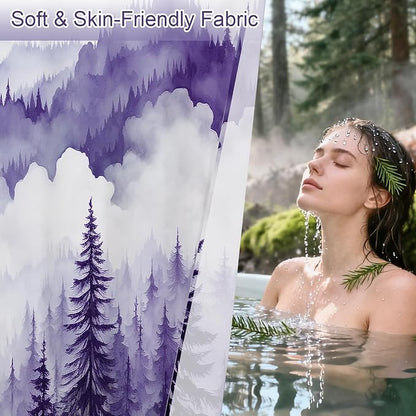 Litabel Purple Misty Pine Forest Shower Curtain, Mountain Foggy Woodland Scenery Tree Shower Curtains for Chic Rustic Bathroom, Abstract Modern Waterproof Nature-Themed Decor, 72x72 Inches