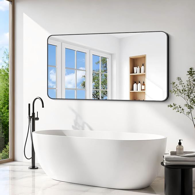 BONEWEI 66x30 inch Large Bathroom Mirror,Black Rectangle Mirror,Wall Mounted Bathroom Frame Vanity Mirror with Round Corner for Bedroom Living Room, Entryway Hangs Horizontal or Vertical