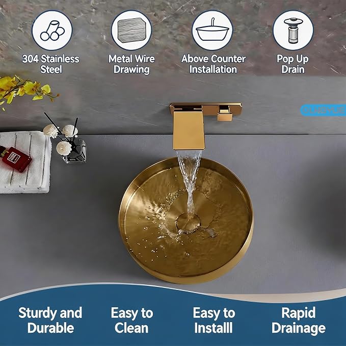 Brushed Gold Bathroom Vessel Sink: 16" Modern Round Countertop Washbasin | Above Counter Lavatory Basin with Stainless Steel PVD Coating Pop Up Drain for Home Hotel Office Toilet Decoration Remodeling