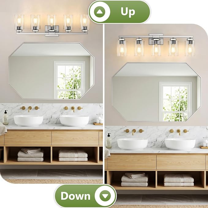 31” Bathroom Light Fixtures, 5-Light Vanity Light Brushed Nickel | Square Clear Glass & Durable Metal, Quick & Easy Installation, Standard E26 Socket, Bright Bathroom Lighting