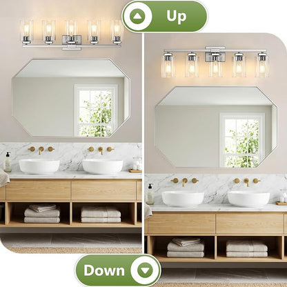 31” Bathroom Light Fixtures, 5-Light Vanity Light Brushed Nickel | Square Clear Glass & Durable Metal, Quick & Easy Installation, Standard E26 Socket, Bright Bathroom Lighting