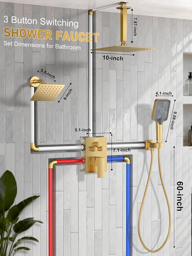 Woindo Shower Faucet Set, 10" Ceiling Mount Rainfall Shower System with 2 Rain Shower Head and Multi-function Handheld Head Push Button Diverter Shower Faucet Trim Kit