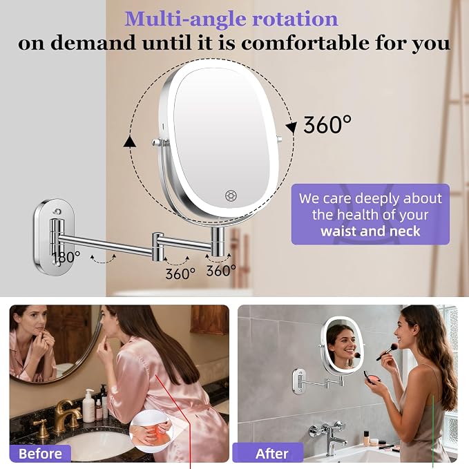 FUNTOUCH 5000mAh Rechargeable Wall Mounted Lighted Makeup Mirror, Chrome | Double Sided 30X/1X Magnifying Mirror Wall Mounted,Extended Arm 360°Rotation,Touch Dimmable,3 Color Lights for Bathroom