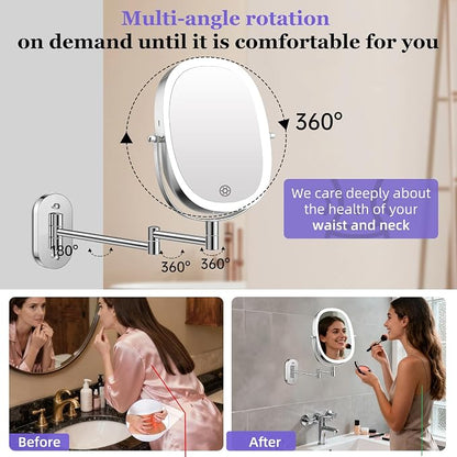 FUNTOUCH 5000mAh Rechargeable Wall Mounted Lighted Makeup Mirror, Chrome | Double Sided 30X/1X Magnifying Mirror Wall Mounted,Extended Arm 360°Rotation,Touch Dimmable,3 Color Lights for Bathroom