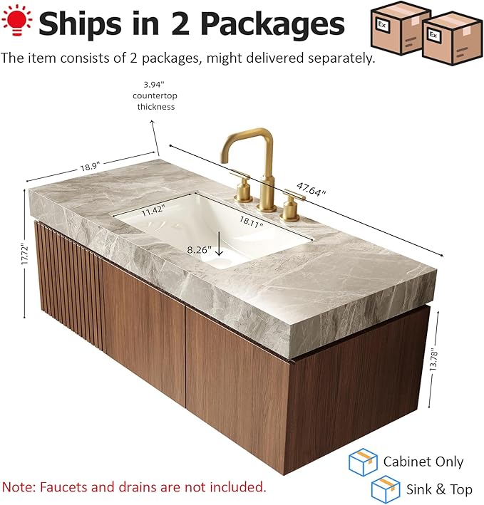 48 inch Floating Bathroom Vanity with Sink, Modern Plywood Bathroom Vanities with Drawer and Doors, Light Gray Sintered Stone and 3 Pre-drilled Faucet Holes Ceramic Basin, Pre-Assembled, Dark Oak