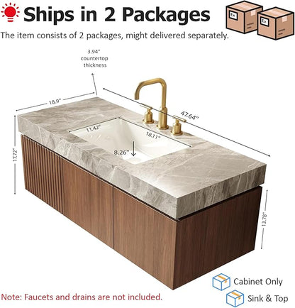 48 inch Floating Bathroom Vanity with Sink, Modern Plywood Bathroom Vanities with Drawer and Doors, Light Gray Sintered Stone and 3 Pre-drilled Faucet Holes Ceramic Basin, Pre-Assembled, Dark Oak