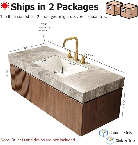 48 inch Floating Bathroom Vanity with Sink, Modern Plywood Bathroom Vanities with Drawer and Doors, Light Gray Sintered Stone and 3 Pre-drilled Faucet Holes Ceramic Basin, Pre-Assembled, Dark Oak