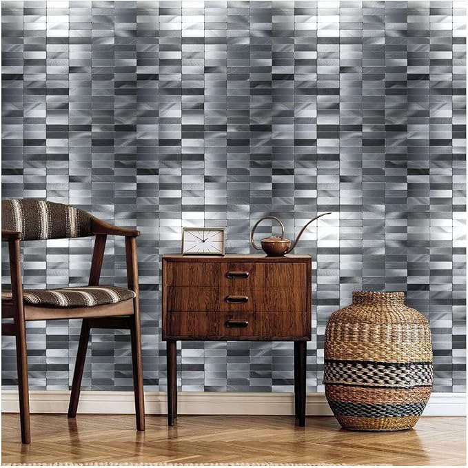 XUANINY Peel and Stick Tile Backsplash Self- Adhesive Wall Tiles Aluminum Mosaic Sticker for Kitchen (11.33"x11.92" Per Sheet, Pack of 5 pcs) (Long Silver Grey 5)