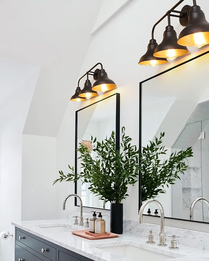 25.2-Inch 3-Light Farmhouse Vanity Light Over Mirror, Matte Black | Rustic industrial style, metal frame, 3 E26 sockets, 60W max, dimmable, no bulbs, wall sconce for bathroom mirror, bedroom