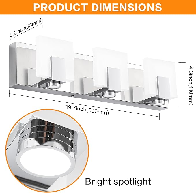 SOLFART Bathroom Lighting Fixtures Over Mirror Chrome 3 Light Bathroom Vanity Light Dimmable LED Lights Stainless Steel Acrylic