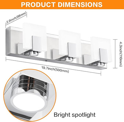 SOLFART Bathroom Lighting Fixtures Over Mirror Chrome 3 Light Bathroom Vanity Light Dimmable LED Lights Stainless Steel Acrylic