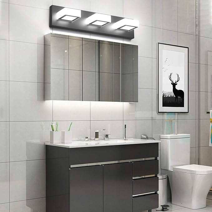 Ralbay 3 Light Dimmable Bathroom Vanity Light LED Modern Matte Black Vanity Wall Light Acrylic Stainless Steel Bathroom Vanity Lighting Fixtures