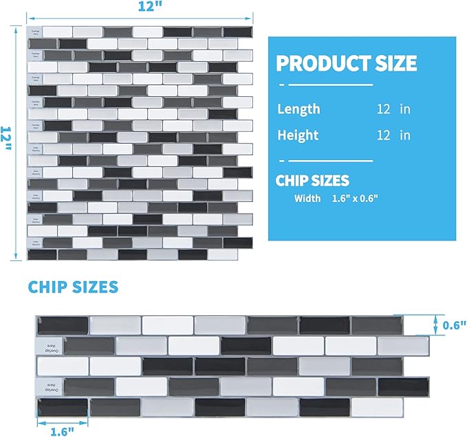 Art3d Peel and Stick Wall Tile for Kitchen/Bathroom Backsplash, 12"x12", Black-White (6 Pack)