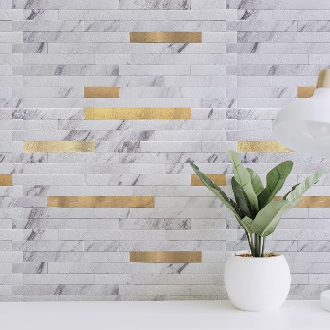 Art3d Faux Stone Peel & Stick Backsplash Tile, 10pcs, White with Metal Gold | PVC, Multi-Style Decor Sheets, Waterproof, Traceless Peel, No Wall Damage, Ideal for Kitchen