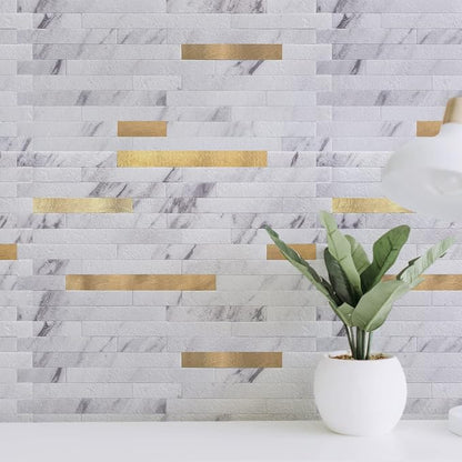 Art3d Faux Stone Peel & Stick Backsplash Tile, 10pcs, White with Metal Gold | PVC, Multi-Style Decor Sheets, Waterproof, Traceless Peel, No Wall Damage, Ideal for Kitchen