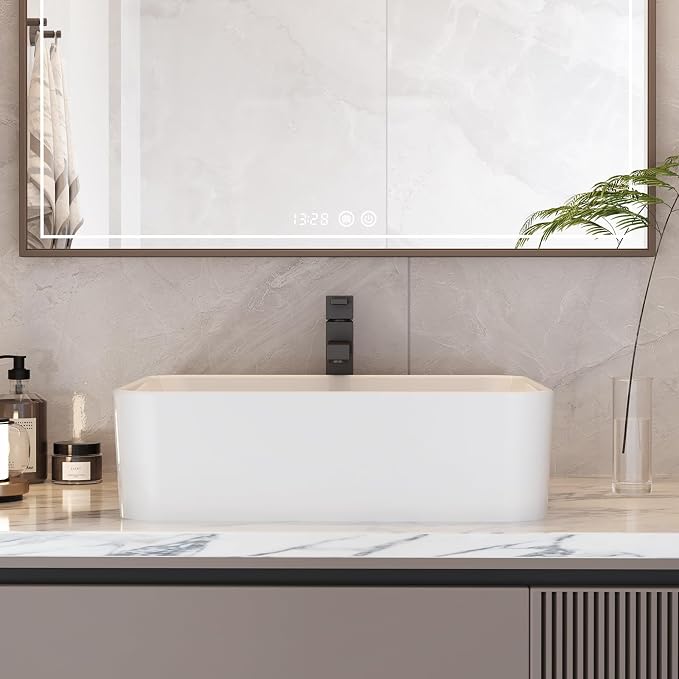 Vessel Sink 18.70x14.76 Inch, Square Ceramic Bathroom Vessel Sink, Drop-In Above Counter Vanity Sink for Bathroom, White Wash Basin Bowl