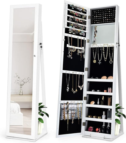 COSTWAY Standing Jewelry Cabinet, Large Capacity Jewelry Organizer w/Full-Length Mirror & Rear Storage Shelves, Lockable Mirror Jewelry Armoire with Keys for Girls Women (White)