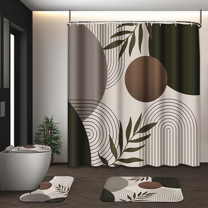 Bathroom Sets with Shower Curtain and Rugs, 4 Pcs, Minimalist Leaf | Boho Mid Century Geometric Bathroom Decor Set with Toilet Lid Cover, Non-Slip Bath Mats and Accessories 12 Hooks