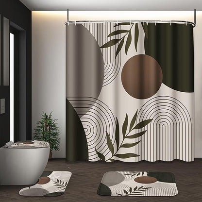 Bathroom Sets with Shower Curtain and Rugs, 4 Pcs, Minimalist Leaf | Boho Mid Century Geometric Bathroom Decor Set with Toilet Lid Cover, Non-Slip Bath Mats and Accessories 12 Hooks