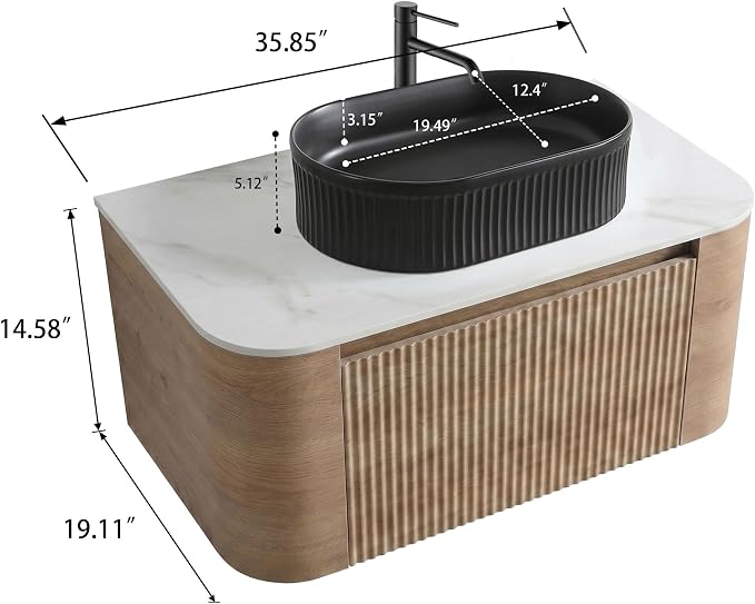 36" Preassembled Floating Bathroom Vanity with Black Sink, Oak | Mid-Century Modern Style, Fluted & Soft-Close Drawer with U-shaped Wall, Sinterted Stone Countertop, Towel Rack Included