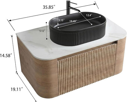 36" Preassembled Floating Bathroom Vanity with Black Sink, Oak | Mid-Century Modern Style, Fluted & Soft-Close Drawer with U-shaped Wall, Sinterted Stone Countertop, Towel Rack Included