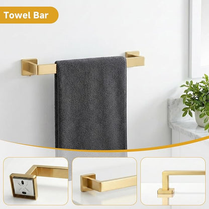 5-Piece Brushed Gold Bathroom Accessory Set, 16 Inch Bathroom Hardware Set, Towel Racks for Bathroom, SUS304 Stainless Steel Wall Mounted Bath Towel Bar Set