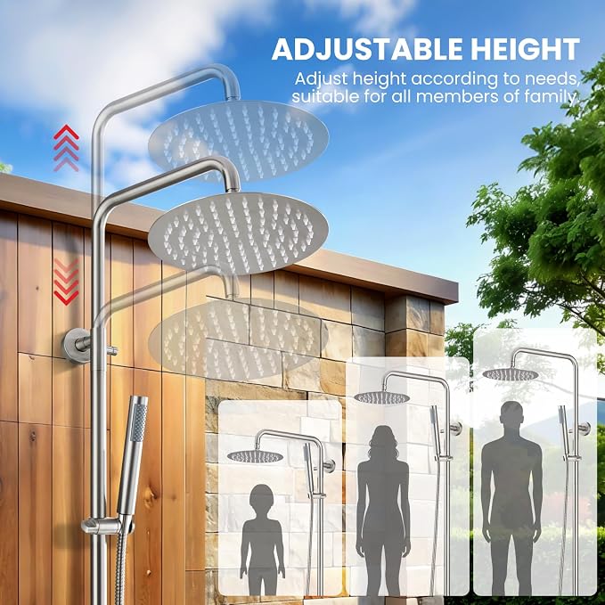 gotonovo Outdoor Shower Kit 304 Stainless Steel, Brushed Nickel, 8 Inch | Rain Outdoor Shower Head and Handle Set Fixture System Faucet, Exposed Wall Mounted, for Outside Yard Pool Seaside/Indoor