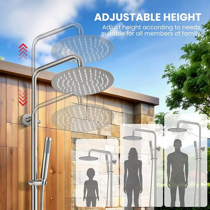 gotonovo Outdoor Shower Kit 304 Stainless Steel, Brushed Nickel, 8 Inch | Rain Outdoor Shower Head and Handle Set Fixture System Faucet, Exposed Wall Mounted, for Outside Yard Pool Seaside/Indoor