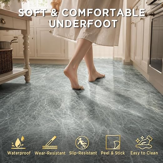 Marble Grain 12x12 Peel and Stick Floor Tile, Moss Gray Marble, 20 PCS | NO Grout, NO Mess, For Kitchen Backsplash, Bathroom Update, Non-Slip & Scratch-Resistant