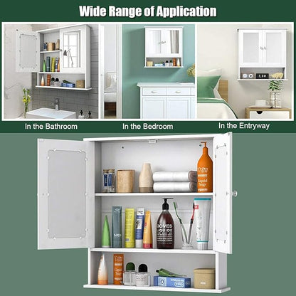 Salches Wall Mounted Bathroom Cabinet w/2 Mirrored Doors, Over-Toilet Hanging Cabinet w/Shelves, Wooden Medicine Storage Organizer for Living Room/Corridor/Cloakroom/Kitchen, 22” x 5” x 23” (White)