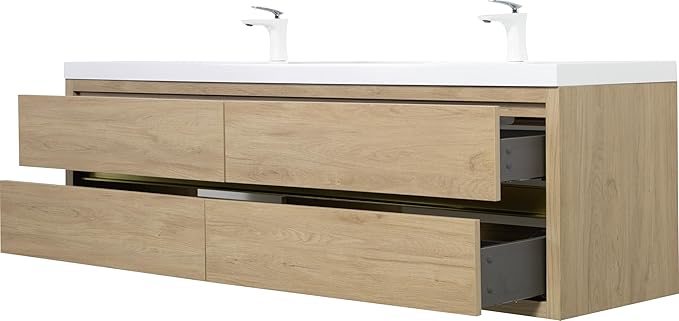 72" Wall-Mounted Bathroom Vanity with Sink | Waterproof Coating, 4 Drawers Floating Cabinet | Stone Resin Countertop & Soft Close Drawers | Modern Storage Solution, Natural Oak