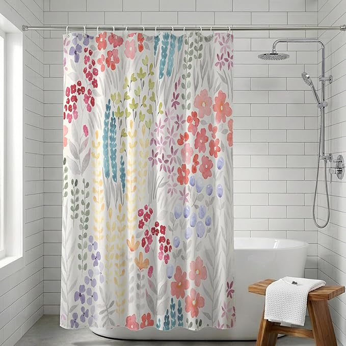 Cute Abstract Floral Shower Curtain, Watercolor Colorful Wildflowers and Plant Leaves, Waterproof Polyester Fabric Shower Curtains Sets with Hooks for Bathroom 72x72 Inches