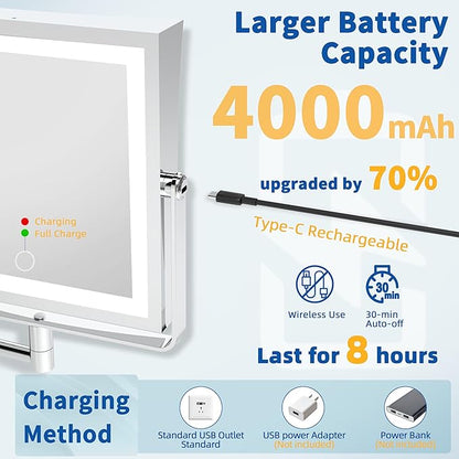 Ruacq Rechargeable Wall Mounted Makeup Mirror with Lights, Double Sided 1X/10X Magnifying Vanity Mirror with 3 Color Lighting, Touch Screen Dimmable, 360° Rotation Extension Foldable Arm(Chrome)