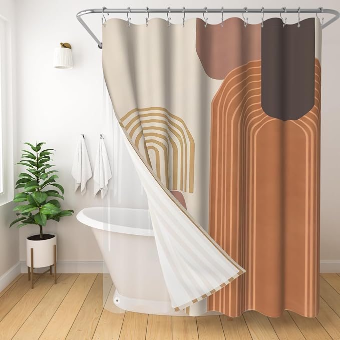 3 in 1 Shower Curtain Set, Boho Mid Century Modern, Brown | Polyester Bath Curtain with Magnetic PEVA Liner and 12 Double Sided Stainless Steel Hooks 72x72 Inches