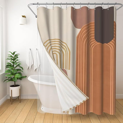 3 in 1 Shower Curtain Set, Boho Mid Century Modern, Brown | Polyester Bath Curtain with Magnetic PEVA Liner and 12 Double Sided Stainless Steel Hooks 72x72 Inches