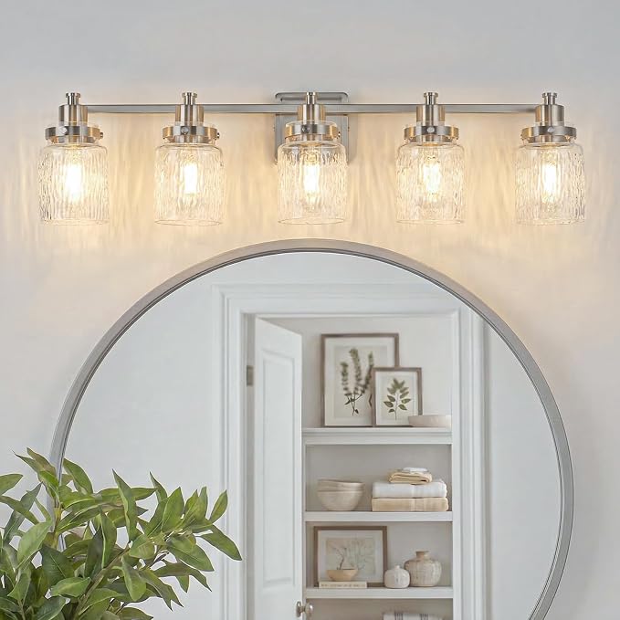 5 Light Bathroom Vanity Light Fixtures Modern Brushed Nickel | ETL Certificate, Easy to Install,Wall Mount Up or Down,Hammered Glass Lampshade,E26 Socket,Hardwired,120V