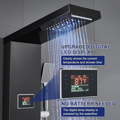 ROVATE LED Shower Panel Tower System - Rainfall Waterfall Shower, Round Body Jets, Handheld and Tub Spout, Digital Temp-Display, LED Knob, No Battery Needed 5-in-1 Stainless Steel Shower Column Black