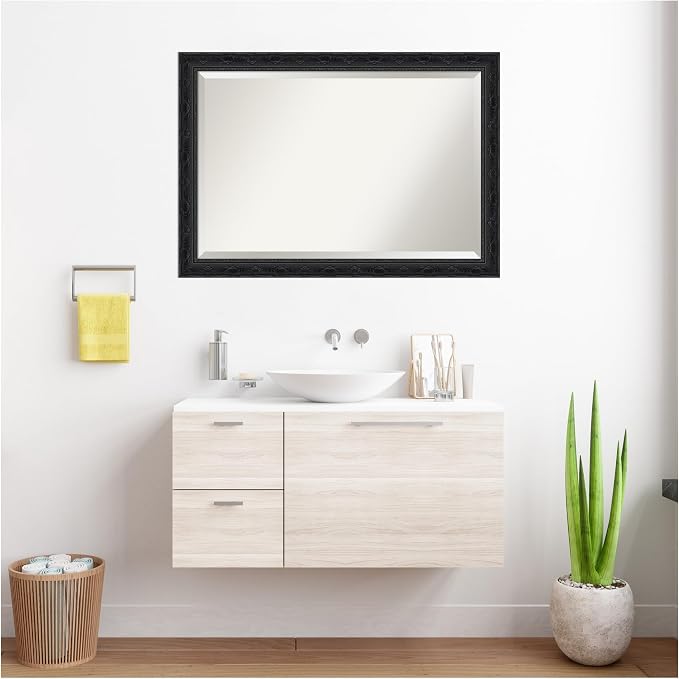 Amanti Art Black Bathroom Mirror for Over Sink, 28x40 Filigree Gloss Black Rectangle Vanity Mirror, Large Traditional Frame, Hangs Horizonally and Vertically, Bathroom Wall Decor, Beveled Edge